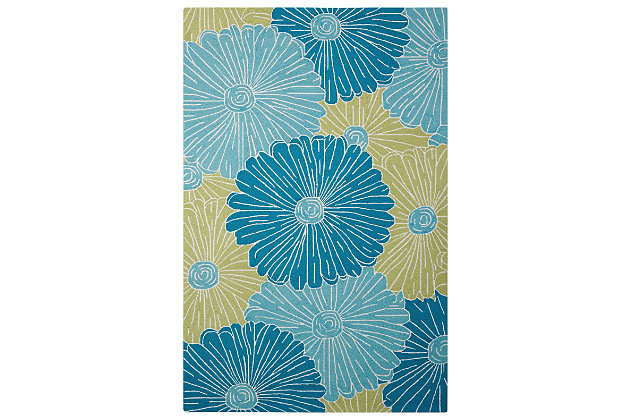 You can’t help but smile at the cool, calming colors of this area rug. The oversized floral print is simply whimsical in a field of high fashion seafoam green. More than just show, this rug is meticulously hand hooked from premium high density yarns and finished with subtle accents of hand carving for a superlative textural appeal that feels as great as it looks.Made with 100% polyester | Hand-tufted and hooked | Cotton and latex backing; rug pad recommended | Imported | Spot clean