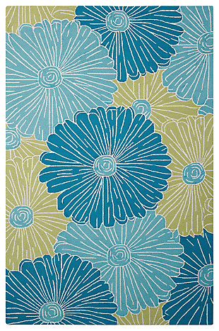 You can’t help but smile at the cool, calming colors of this area rug. The oversized floral print is simply whimsical in a field of high fashion seafoam green. More than just show, this rug is meticulously hand hooked from premium high density yarns and finished with subtle accents of hand carving for a superlative textural appeal that feels as great as it looks.Made with 100% polyester | Hand-tufted and hooked | Cotton and latex backing; rug pad recommended | Imported | Spot clean