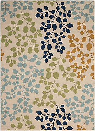 Go tropical with a flourish in vivid caribbean style. This delightful collection of quality loomed rugs provides an instant housewarming. Choose from an exciting array of botanical designs and curvaceous geometrics. Deeply pigmented tones contrast beautifully with soft neutrals for an effect as lush and welcoming as a sultry island garden. The woven loop pile adds an appealing accent of visual and tactile texture. The joy of a caribbean morning peeks through a leafy glade in this charming composition. A pleasing array of soft blue, sage and pale gold colors are anchored by sprigs of deep ocean blue on a welcoming ground of warm ivory. A pretty and playful touch for a special room.100% polypropylene | Power loomed | Serged edges | Low shedding | Indoor-outdoor | Low, loop pile | Imported
