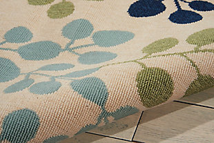 Go tropical with a flourish in vivid caribbean style. This delightful collection of quality loomed rugs provides an instant housewarming. Choose from an exciting array of botanical designs and curvaceous geometrics. Deeply pigmented tones contrast beautifully with soft neutrals for an effect as lush and welcoming as a sultry island garden. The woven loop pile adds an appealing accent of visual and tactile texture. The joy of a caribbean morning peeks through a leafy glade in this charming composition. A pleasing array of soft blue, sage and pale gold colors are anchored by sprigs of deep ocean blue on a welcoming ground of warm ivory. A pretty and playful touch for a special room.100% polypropylene | Power loomed | Serged edges | Low shedding | Indoor-outdoor | Low, loop pile | Imported