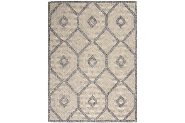 Can a rug sturdy enough for both indoor and outdoor use also be chic and attractive? For sure, if it’s from the cozumel collection. These durable and fade-resistant area rugs are ideal for the casual lifestyle and work just as well in covered outdoor locations such as patio or porch as they do in your living room, family room or other favorite spot. Distinguished by their high-low loop pile, cozumel area rugs take a visual cue from hand-carved rugs but are easily affordable and designed to withstand wear. This contemporary collection ranges from linear and geometric to sprightly florals – all enhanced by dimensional pile in today’s most coveted neutral tones. Decorating is easy (and fun!) with the casual chic of textural cozumel, power-loomed in modern poly-fibers. Soft cream and grey create muted contrast in this chic and subtle cozumel area rug. Its geometric design of concentric diamonds is beautifully highlighted by high-low loop pile and varying types of weave. A great casual look, indoors or out.100% polypropylene | Power loomed | Narrow border | Low shedding | Indoor-outdoor | High-low loop pile | Imported