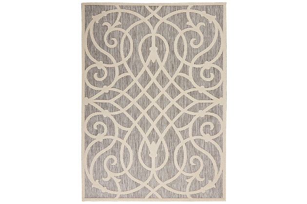 Can a rug sturdy enough for both indoor and outdoor use also be chic and attractive? For sure, if it’s from the cozumel collection. These durable and fade-resistant area rugs are ideal for the casual lifestyle and work just as well in covered outdoor locations such as patio or porch as they do in your living room, family room or other favorite spot. Distinguished by their high-low loop pile, cozumel area rugs take a visual cue from hand-carved rugs but are easily affordable and designed to withstand wear. This contemporary collection ranges from linear and geometric to sprightly florals – all enhanced by dimensional pile in today’s most coveted neutral tones. Decorating is easy (and fun!) with the casual chic of textural cozumel, power-loomed in modern poly-fibers. Enliven your home or special outdoor space with the curve appeal of this cozumel area rug! Bold geometric lines swirl across it, in a lively diamond-and-curlicue design. Texturally enhanced with high-low loop pile, in a harmony of soft greys.100% polypropylene | Power loomed | Narrow border | Low shedding | Indoor-outdoor | High-low loop pile | Imported