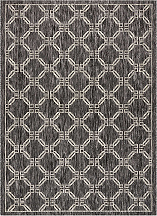 Stunning in its chic simplicity, the garden party collection of indoor/outdoor area rugs from nourison is flat woven for splendid tone, texture, and durability. Featuring a range of marvelous neutral color palettes in classic and contemporary designs, these remarkable rugs will slip seamlessly into any setting. In winning shades of white and charcoal, a diamond design is completely at ease in its elegance. This country side indoor/outdoor area rug from nourison is flat woven from an outstanding 100% polypropylene for a look, feel and long wear that are utterly unforgettable.100% polypropylene | Power loomed | Serged edges | Low shedding | Indoor-outdoor | Flat weave | Imported