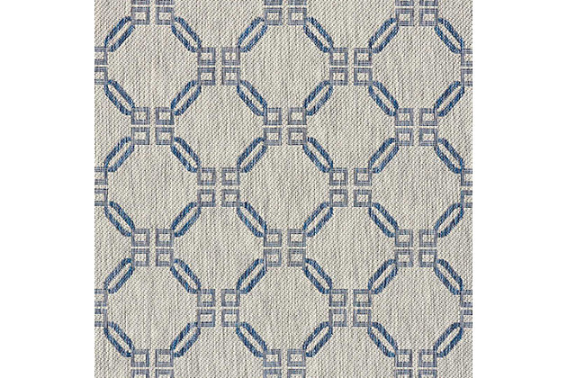 Stunning in its chic simplicity, the garden party collection of indoor/outdoor area rugs from nourison is flat woven for splendid tone, texture, and durability. Featuring a range of marvelous neutral color palettes in classic and contemporary designs, these remarkable rugs will slip seamlessly into any setting. In alluring shades of ivory and light blue, a diamond design is completely at ease in its elegance. This country side indoor/outdoor area rug from nourison is flat woven from an outstanding 100% polypropylene for a look, feel and long wear that are utterly unforgettable.100% polypropylene | Power loomed | Serged edges | Low shedding | Indoor-outdoor | Flat weave | Imported