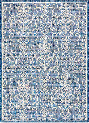 Stunning in its chic simplicity, the garden party collection of indoor/outdoor area rugs from nourison is flat woven for splendid tone, texture, and durability. Featuring a range of marvelous neutral color palettes in classic and contemporary designs, these remarkable rugs will slip seamlessly into any setting. A classic scrolling leaf and vine design takes a thrilling turn when revealed in timeless shades of denim and white. This country side indoor/outdoor area rug from nourison is flat woven from a premium 100% polypropylene to withstand all weather and wear with a look and feel that are utterly fabulous.100% polypropylene | Power loomed | Serged edges | Low shedding | Indoor-outdoor | Flat weave | Imported