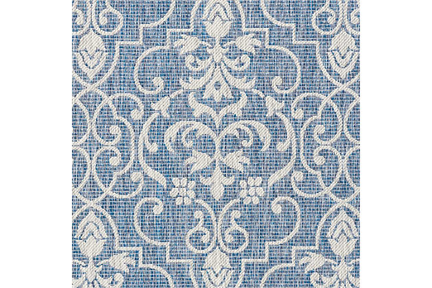 Stunning in its chic simplicity, the garden party collection of indoor/outdoor area rugs from nourison is flat woven for splendid tone, texture, and durability. Featuring a range of marvelous neutral color palettes in classic and contemporary designs, these remarkable rugs will slip seamlessly into any setting. A classic scrolling leaf and vine design takes a thrilling turn when revealed in timeless shades of denim and white. This country side indoor/outdoor area rug from nourison is flat woven from a premium 100% polypropylene to withstand all weather and wear with a look and feel that are utterly fabulous.100% polypropylene | Power loomed | Serged edges | Low shedding | Indoor-outdoor | Flat weave | Imported