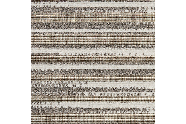 With a palette of rich blues, mysterious greys and smoky taupes, key largo offers a fresh and sophisticated look in an indoor/outdoor rug collection. These easy-care, low-shed beauties have the special, textural touch of cut-and-loop pile, so unusual in a casual rug collection. They bring unexpected elegance to your poolside, patio, porch or balcony, and are ideal for your beach home or any indoor location. The contemporary and transitional designs are flat power-loomed of 60% polypropylene and 40% polyester, so you can vacuum or hose-rinse and air-dry them with minimum fuss and maximum style impact! The subtle, shape-shifting stripes of this key largo design bring a fresh, contemporary look to your indoor or outdoor space. This versatile area rug with textural cut-and-loop pile looks as good in your favorite room as it does on a patio, porch or pool deck. Its soft grey tones are the perfect neutral in an easy-care poly-fiber blend.60% polypropylene, 40% polyester | Power loomed | Indoor/outdoor | Low shedding | Textured flat weave with elegant cut-and-loop pile offers a fresh and sophisticated look for this indoor/outdoor rug collection. | Low pile | Imported