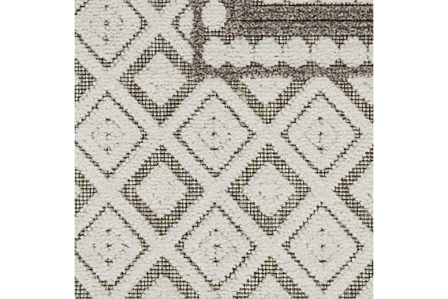 With a palette of rich blues, mysterious greys and smoky taupes, key largo offers a fresh and sophisticated look in an indoor/outdoor rug collection. These easy-care, low-shed beauties have the special, textural touch of cut-and-loop pile, so unusual in a casual rug collection. They bring unexpected elegance to your poolside, patio, porch or balcony, and are ideal for your beach home or any indoor location. The contemporary and transitional designs are flat power-loomed of 60% polypropylene and 40% polyester, so you can vacuum or hose-rinse and air-dry them with minimum fuss and maximum style impact! A classically inspired tile motif brings delightful flair to your stylish indoor room or outdoor space. This beautiful key largo area rug feels light and airy in soft grey with the special texture of cut-and-loop pile. Power-loomed for the modern lifestyle; simply vacuum or hose clean and air dry.60% polypropylene, 40% polyester | Power loomed | Indoor/outdoor | Low shedding | Textured flat weave with elegant cut-and-loop pile offers a fresh and sophisticated look for this indoor/outdoor rug collection. | Low pile | Imported