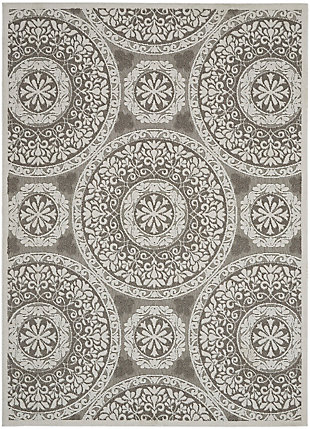 With a palette of rich blues, mysterious greys and smoky taupes, key largo offers a fresh and sophisticated look in an indoor/outdoor rug collection. These easy-care, low-shed beauties have the special, textural touch of cut-and-loop pile, so unusual in a casual rug collection. They bring unexpected elegance to your poolside, patio, porch or balcony, and are ideal for your beach home or any indoor location. The contemporary and transitional designs are flat power-loomed of 60% polypropylene and 40% polyester, so you can vacuum or hose-rinse and air-dry them with minimum fuss and maximum style impact! Circular thinking makes a great design statement! This medallion-motif area rug from the key largo collection is a versatile and elegant choice for any location, indoor or outdoor. Power-loomed in warm, smoky tones of taupe with the special quality of cut-and-loop pile.60% polypropylene, 40% polyester | Power loomed | Indoor/outdoor | Low shedding | Textured flat weave with elegant cut-and-loop pile offers a fresh and sophisticated look for this indoor/outdoor rug collection. | Low pile | Imported