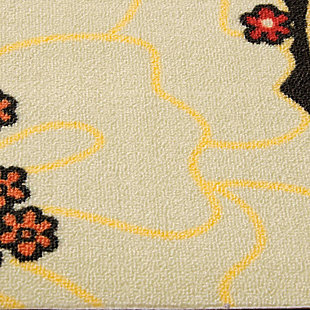 Add some excitement to any surrounding with these magnificent indoor/outdoor rugs. Floral, scrollwork, and animal-skin patterns in vivid color make this a truly eye-catching collection. These versatile rugs are beautiful to look at, soft to walk on, and easy to clean with just a hose. Spring romance! Dress up your indoor or outdoor room with a bouquet of blooms that's bursting with color. Rust, apricot, cream and buttercup flowers grow in joyous profusion on a contrasting black ground.100% polyester | Power loomed | Serged edges | Low shedding | Easy to clean, simply rinse with a hose | Low pile | Imported