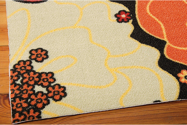 Add some excitement to any surrounding with these magnificent indoor/outdoor rugs. Floral, scrollwork, and animal-skin patterns in vivid color make this a truly eye-catching collection. These versatile rugs are beautiful to look at, soft to walk on, and easy to clean with just a hose. Spring romance! Dress up your indoor or outdoor room with a bouquet of blooms that's bursting with color. Rust, apricot, cream and buttercup flowers grow in joyous profusion on a contrasting black ground.100% polyester | Power loomed | Serged edges | Low shedding | Easy to clean, simply rinse with a hose | Low pile | Imported