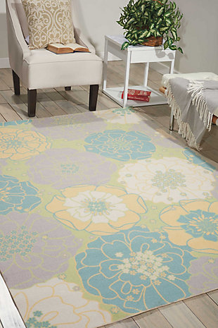 Add some excitement to any surrounding with these magnificent indoor/outdoor rugs. Floral, scrollwork, and animal-skin patterns in vivid color make this a truly eye-catching collection. These versatile rugs are beautiful to look at, soft to walk on, and easy to clean with just a hose. Spring romance! Dress up your indoor or outdoor room with a bouquet of blooms that's bursting with color. Soft mauve, azure, cream and yellow flowers grow in joyous profusion on a green ground.100% polyester | Power loomed | Serged edges | Low shedding | Easy to clean, simply rinse with a hose | Low pile | Imported
