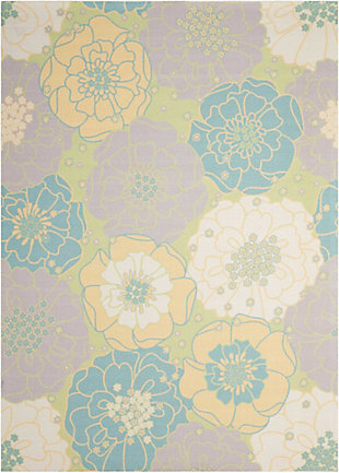 Add some excitement to any surrounding with these magnificent indoor/outdoor rugs. Floral, scrollwork, and animal-skin patterns in vivid color make this a truly eye-catching collection. These versatile rugs are beautiful to look at, soft to walk on, and easy to clean with just a hose. Spring romance! Dress up your indoor or outdoor room with a bouquet of blooms that's bursting with color. Soft mauve, azure, cream and yellow flowers grow in joyous profusion on a green ground.100% polyester | Power loomed | Serged edges | Low shedding | Easy to clean, simply rinse with a hose | Low pile | Imported