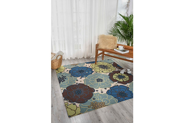 Add some excitement to any surrounding with these magnificent indoor/outdoor rugs. Floral, scrollwork, and animal-skin patterns in vivid color make this a truly eye-catching collection. These versatile rugs are beautiful to look at, soft to walk on, and easy to clean with just a hose. Spring romance! Dress up your indoor or outdoor room with a bouquet of blooms that's bursting with color. Royal blue, azure, magenta and green flowers grow in joyous profusion on a neutral ground.100% polyester | Power loomed | Serged edges | Low shedding | Easy to clean, simply rinse with a hose | Low pile | Imported