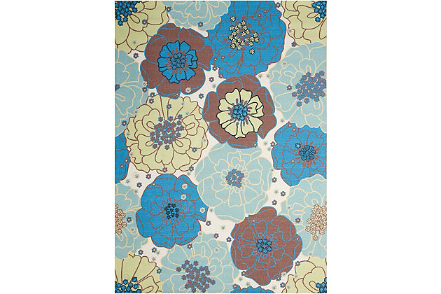 Add some excitement to any surrounding with these magnificent indoor/outdoor rugs. Floral, scrollwork, and animal-skin patterns in vivid color make this a truly eye-catching collection. These versatile rugs are beautiful to look at, soft to walk on, and easy to clean with just a hose. Spring romance! Dress up your indoor or outdoor room with a bouquet of blooms that's bursting with color. Royal blue, azure, magenta and green flowers grow in joyous profusion on a neutral ground.100% polyester | Power loomed | Serged edges | Low shedding | Easy to clean, simply rinse with a hose | Low pile | Imported