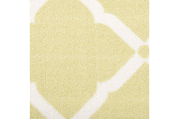 Add some excitement to any surrounding with these magnificent indoor/outdoor rugs. Floral, scrollwork, and animal-skin patterns in vivid color make this a truly eye-catching collection. These versatile rugs are beautiful to look at, soft to walk on, and easy to clean with just a hose. A brightly contemporary terrazzo design in welcoming tones of light green. Expertly machine printed, a marvelously versatile indoor/outdoor rug for today's casual lifestyle. Easy to care for and perfect for almost any outdoor use. Just clean with a garden hose and enjoy years of lasting beauty.100% polyester | Power loomed | Serged edges | Low shedding | Easy to clean, simply rinse with a hose | Low pile | Imported