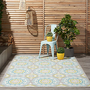 Sun n' shade collection by waverly offers a fresh perspective on indoor/outdoor rugs. The exciting color palettes and myriad designs add a timeless quality to waverly’s keen sense of today’s style. These versatile outdoor rugs are ideal for patio and poolside alike, and can withstand almost all outdoor conditions. A transcendent arrangement of interlocking spheres creates a truly mesmerizing effect in the stunning solar flair waverly rug by nourison. Shades of aqua, sky, indigo, and chartreuse adorn the ethnically inspired motifs of each sphere, giving the rug an almost cosmic appeal.100% polyester | Power loomed | Serged edges | Low shedding | Indoor-outdoor | Imported