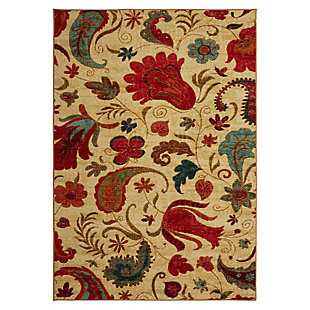 Timeless red and blue paisley and floral palmettes are cast in a warm multicolor palette over a neutral tan colored base in the transitional style, available in runners, scatters, 5x8 area rugs, 8x10 area rugs and other popular sizes. Mohawk Home's Tropical Acres Tan Red Area Rug is versatile and durably designed for kitchens, dining areas, offices, living rooms, bedrooms and more. This vibrant area rug was created with an advanced technology built for brilliant color and design clarity. Constructed on a stain resistant nylon base, this area rug is resilient despite daily wear and tear and ideal even for high traffic areas. Pet and kid friendly, simply vacuum regularly and spot clean as needed with a solution of mild detergent and water to keep this rug looking its best.Made of nylon | Spot clean with a solution of water and mild detergent, regular vacuuming helps rugs remain attractive | Durable and fade resistant, designed to hold up under high-traffic spaces with kids and pets, remains attractive for years to come | Proudly made in the USA, manufactured in America with US & imported materials