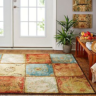 Softened with a subtly distressed watercolor finish, Mohawk Home's Artifact Panel Orange Teal Area Rug, available in runners, scatters, 5x8 area rugs, 8x10 area rugs and other popular sizes, features a modern patchwork inspired motif in a warm palette of gold, red, blue, burnt orange and beige. Beautiful for kitchens, dining areas, offices, living rooms, bedrooms and more, this artisan inspired style is delightfully versatile and durable. Timeless and traditionally inspired, this sophisticated style was created with an advanced technology built for brilliant color and design clarity. Constructed on a stain resistant nylon base, this area rug is resilient despite daily wear and tear and ideal even for high traffic areas. Pet and kid friendly, simply vacuum regularly and spot clean as needed with a solution of mild detergent and water to keep this rug looking its best.Made of nylon | Spot clean with a solution of water and mild detergent, regular vacuuming helps rugs remain attractive | Durable and fade resistant, designed to hold up under high-traffic spaces with kids and pets, remains attractive for years to come | Proudly made in the USA, manufactured in America with US & imported materials