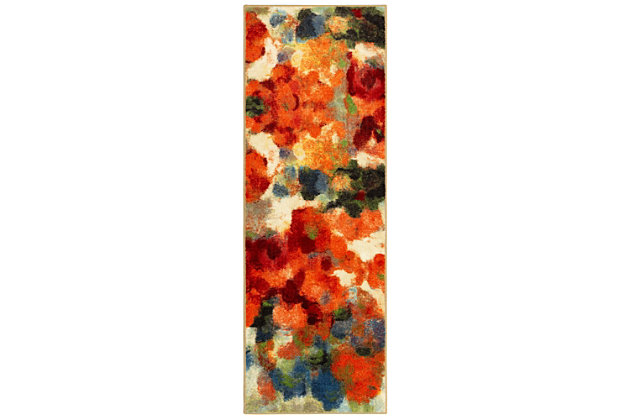 Beautiful blossoms rendered in an vibrant palette of beige, blue, green and red are featured with a watercolor inspired finish in Mohawk Home's Colorful Garden Area Rug in Multicolor. This silky soft style is available in runners, scatters, 5x8 area rugs, 8x10 area rugs, and other popular sizes, making it ideal for bedrooms, offices, kitchens, kids spaces, living rooms, dining areas and more. Flawlessly finished with advanced technology, this style features brilliant color clarity and richly defined details. This family friendly design is created with a premium synthetic yarn that provides proven stain resistance power and reliable resistance to daily wear and tear. Durable and designed to be kid and pet friendly, this area rug is suitable for high traffic areas.Made of nylon | Spot clean with a solution of water and mild detergent, regular vacuuming helps rugs remain attractive | Durable and fade resistant, designed to hold up under high-traffic spaces with kids and pets, remains attractive for years to come | Proudly made in the USA, manufactured in America with US & imported materials