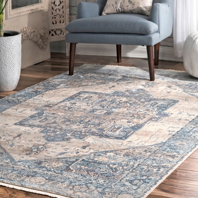 Nuloom Ehtel Medallion Fringe 3' x 5' Area Rug, Light Blue, rollover