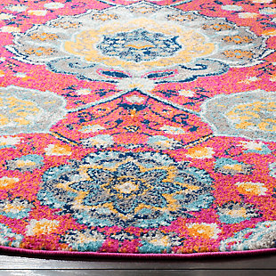 Contemporary styling and deep, rich colors turn classic rug artistry into the trend-setting look and feel of this fashion-smart floor covering. Traditional medallions and floral studded vines sparkle in brilliant gold against the lush fuchsia pile of this high-styled, high performance area rug. Power loomed using soft yet durable synthetic yarns for easy-care, long-lasting beauty.Construction: power loomed | Fiber content: polypropylene pile | Country of origin: turkey