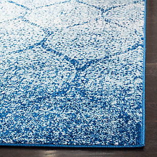 Subtle elegance draped in modern style is marvelously exhibited in the refined look and luxurious feel of this classy floor covering. Classic pendulum motifs, etched in rich navy and detailed in glistening silver highlights, take on utterly contemporary character in the distressed finish and tonal variations of this marvelous transitional carpet. Made using power loomed synthetic yarns that are soft yet durable for carefree maintenance and lasting beauty.Construction: power loomed | Fiber content: 65% polypropylene 21% jute 7% polyester 7% cotton | Country of origin: turkey