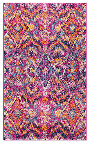 Exotic and vibrant, this tribal-patterned area rug brings radiant energy and dazzling color to contemporary home furnishings. Reminiscent of native blanket patterns, naïve designs are beautifully colored in vivid shades of fuchsia and orange for a marvelously styled centerpiece carpet. Power-loomed from high performance synthetic yarns that are incredibly luxurious to the touch.Construction: power loomed | Fiber content: 65% polypropylene 21% jute 7% polyester 7% cotton | Country of origin: turkey