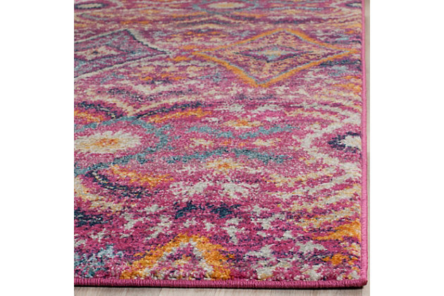 Exotic and vibrant, this tribal-patterned area rug brings radiant energy and dazzling color to contemporary home furnishings. Reminiscent of native blanket patterns, naïve designs are beautifully colored in vivid shades of fuchsia and orange for a marvelously styled centerpiece carpet. Power-loomed from high performance synthetic yarns that are incredibly luxurious to the touch.Construction: power loomed | Fiber content: 65% polypropylene 21% jute 7% polyester 7% cotton | Country of origin: turkey