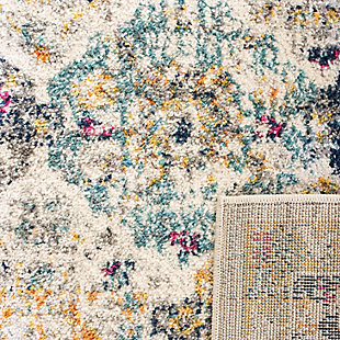 A captivating interaction of timeless rug design and contemporary styling come together in this fashion-smart, transitional floor covering. An elaborate mosaic of floral medallions is colored in alluring, gradient hues of blue and orange lending a coveted distressed, heirloom-look and feel to this elegant area rug. Power-loomed from luxurious synthetic yarns for a shimmering finish and lasting beauty.Construction: power loomed | Fiber content: 65% polypropylene 21% jute 7% polyester 7% cotton | Country of origin: turkey