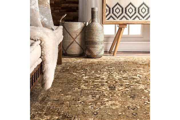 Reminiscent of classic Persian artistry, this printed rug is subtly distressed to mimic a timeworn look. Liven up a neutral living room with this richly toned rug and a few well-placed plants.100% nylon | Machine made | Easy to clean and maintain | Spot clean recommended | Imported