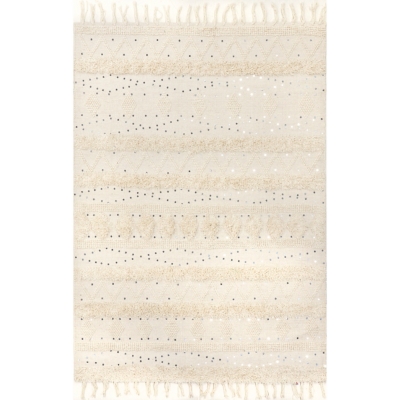 Rugs USA x Arvin Olano Chandy Textured Wool Area Rug Lauretta Sequined Tribal Bands Area Rug, Ivory, large