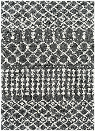 Bring the soft, plush textures of this globally inspired rug into your home and it will instantly become the ultimate cozy haven. The trendy geometric pattern and neutral colors of this shaggy piece will instantly bring an updated feel and compliment any decor. Great for a bedroom, living room, loft, playroom, or anywhere you want to add style and comfort. Made of 100% polypropylene in Turkey, its durable, plush and the perfect addition to any space.Machine Woven | 100% Polypropylene | Shaggy Texture | No Shedding | Imported