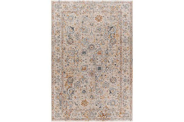 With an amazingly soft texture and stunning design, this rug instantly becomes the highlight of any room. Its oriental inspired pattern is woven together with beautiful colors and features a subtle fringe detail that only adds to the high end vintage feel. Woven in Turkey with polyester, this piece has a super soft feel mixed when mixed with its timeless design will bring both comfort and luxury to your floors.Machine Woven | 100% Polyester | High/Low Textured Pile | Easy Care | Imported