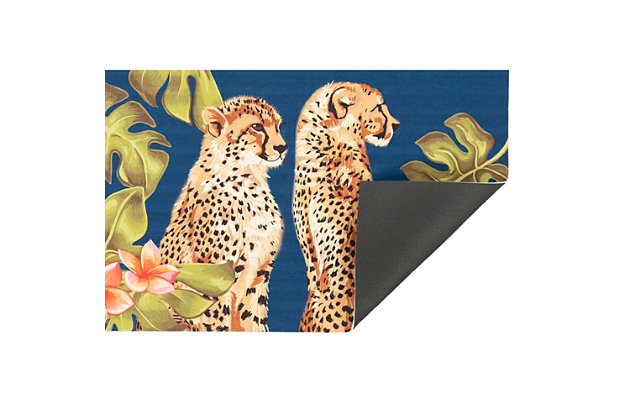 Bring the taste of the safari into your home with these two Wild Cats guarding the tropical palms and flowers. Cirrus is versatile and timeless, crafted of 100% polyester, reflecting well-defined design clarity and precision. Its unique construction allows for unlimited design possibilities. Reinforced with a rubber non-skid bac, it's perfect for any high-traffic area inside or outside the home. Cirrus mats are remarkably low-maintenance, machine-washable and low-profile. They are hypoallergenic, shed-free and treated for added fade resistance ma them virtually worry-free utility mats. Limiting exposure to rain, moisture and direct sun will prolong mat life.Machine made for consistent quality | Regular vacuuming recommended | Made of polyester | Rubber non-skid bac | Imported