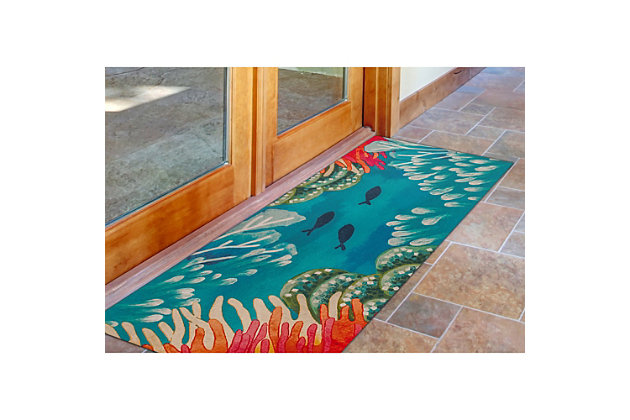 Aquatic Scene is a casual lifestyle mat for an added pop of color or a relaxed seaside look. It's the perfect accent to your decor. Cirrus is versatile and timeless, crafted of 100% polyester, reflecting well-defined design clarity and precision. Its unique construction allows for unlimited design possibilities. Reinforced with a rubber non-skid backing, it's perfect for any high-traffic area inside or outside the home. Cirrus mats are remarkably low-maintenance, machine-washable and low-profile. They are hypoallergenic, shed-free and treated for added fade resistance making them virtually worry-free utility mats. Limiting exposure to rain, moisture and direct sun will prolong mat life.Machine made for consistent quality | Regular vacuuming recommended | Made of polyester | Rubber non-skid backing | Imported