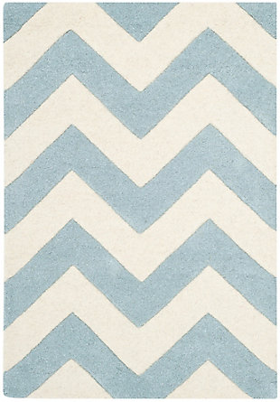 Rectangular 2' x 3' Wool Pile Rug, Blue/Ivory, large