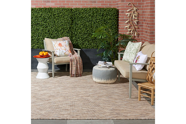 Upgrade your indoor/outdoor lifestyle with the rich textural appeal of a positano area rug. These flat weave rugs are elegant enough for your living room, bedroom, dining room or family room, yet durable enough to enjoy outdoors on your porch, patio, poolside space or deck. Choose from a spectrum of versatile neutrals and fresh colors that display exciting variations. Power-loomed with 100% polypropylene for softness, texture and carefree living. The appealing texture of this area rug is made beautifully visible by the space-dyed color variations of its striated yarns.Made of easy-care polypropylene | Indoor/outdoor | Hose down and air dry | Machine made | Flat weave construction | Colors may vary in appearance from sunlight to indoor lighting | Rug pad recommended | Due to the detailed construction of our rugs both handmade and machine made, sizes may vary. | Imported | To extend the life of your outdoor rug, bring indoors during extreme weather | Imported