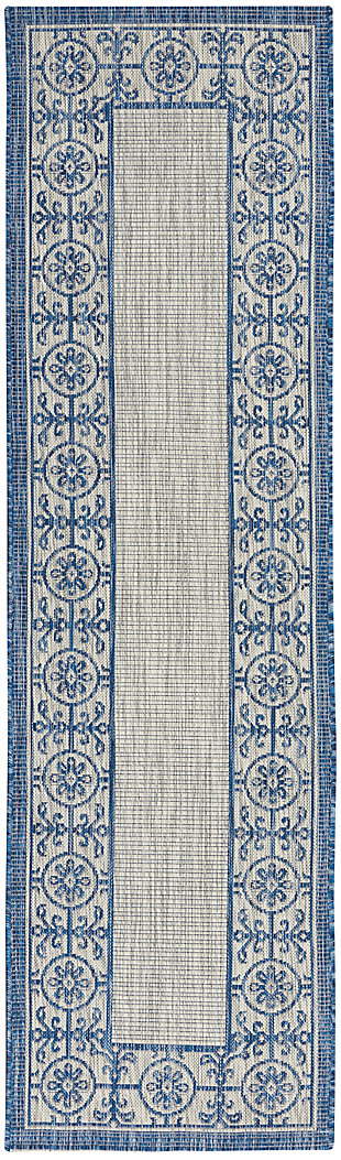 Nourison Nourison Country Side 2'2" x 7'6" Ivory Blue Transitional Indoor/Outdoor Rug, Ivory Blue, large