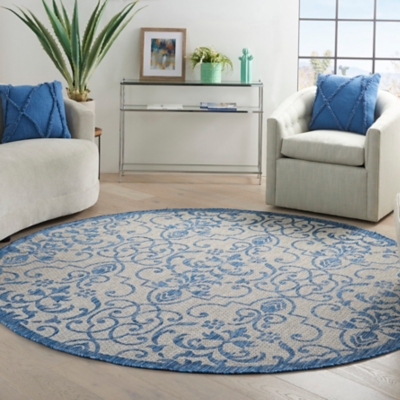 Nourison Country Side 7'10" Round Ivory Blue Bordered Indoor/Outdoor Rug, Ivory Blue, large