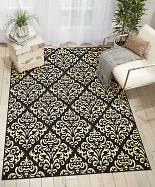 A damask design takes a daring turn when it lines up with glamorous, geometric precision and is displayed in statement-making shades of black and cream. Power loomed from a marvelously enduring yet supremely soft 100% polypropylene for long wear and low maintenance, this grafix area rug from nourison will lend a dash of drama to any room.Serged edges | Easy-care fibers | Cut pile | Machine made | Power-loomed | Low shedding | Recommended for areas with moderate foot traffic | Indoor only | 100% polypropylene | Imported