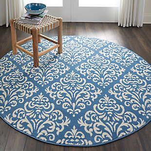 Damask design takes elegance to another level with glamorous, geometric precision of ornate white patterns on a regal blue field. Power loomed for long wear and low maintenance, this grafix area rug from nourison will lend a dash of drama to any room.Serged edges | Easy-care fibers | Cut pile | Machine made | Power-loomed | Low shedding | Recommended for areas with moderate foot traffic | Indoor only | 100% polypropylene | Imported