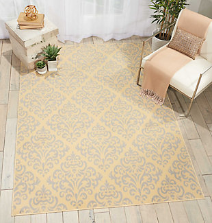 Damask design takes a daring turn in cream color when it lines up with glamorous, geometric precision in cream and grey. Power loomed for long wear and low maintenance, this grafix area rug from nourison will lend a dash of drama to any room.Serged edges | Easy-care fibers | Cut pile | Machine made | Power-loomed | Low shedding | Recommended for areas with moderate foot traffic | Indoor only | 100% polypropylene | Imported