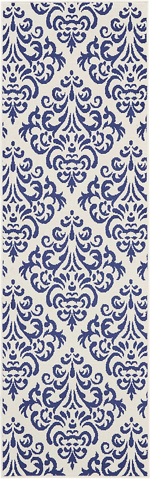 Damask design takes elegance to another level with glamorous, geometric precision of ornate navy patterns on a white field. Power loomed for long wear and low maintenance, this grafix runner rug from nourison will lend a dash of drama to any room.Serged edges | Easy-care fibers | Cut pile | Machine made | Power-loomed | Low shedding | Recommended for areas with moderate foot traffic | Indoor only | 100% polypropylene | Imported