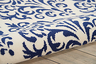 Damask design takes elegance to another level with glamorous, geometric precision of ornate navy patterns on a white field. Power loomed for long wear and low maintenance, this grafix area rug from nourison will lend a dash of drama to any room.Serged edges | Easy-care fibers | Cut pile | Machine made | Power-loomed | Low shedding | Recommended for areas with moderate foot traffic | Indoor only | 100% polypropylene | Imported