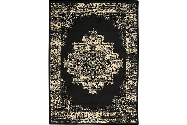 In intriguing shades of black and cream this brilliantly-bordered, central medallion Grafix area rug from Nourison will elevate the elegance quotient of any room. Masterfully power loomed for a lavish feel, long wear and low maintenance.Serged Edges | Easy-care fibers | Cut pile | Machine made | Power-loomed | Low shedding | Recommended for areas with moderate foot traffic | Indoor only | 100% Polypropylene | Imported