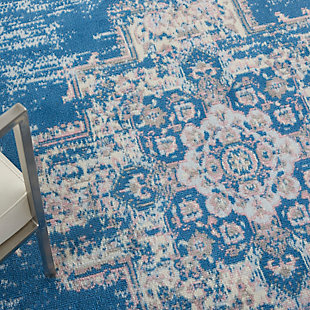 In soothing shades of blue and ivory with subtle pink accents, this brilliantly-bordered, central medallion Grafix area rug from Nourison will elevate the elegance quotient of any room. Masterfully power loomed from silky and ultra-hardy polypropylene for a lavish feel, long wear, and low maintenance.Serged Edges | Easy-care fibers | Cut pile | Machine made | Power-loomed | Low shedding | Recommended for areas with moderate foot traffic | Indoor only | 100% Polypropylene | Imported | Backing: latex | Rug pad recommended | Vacuum regularly (no beater bar)