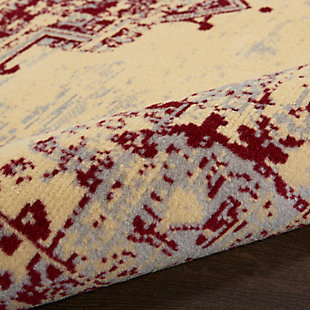 In intriguingly distressed shades of red and cream, this Grafix area rug from Nourison will elevate the elegance quotient of any room. Each rug is brilliantly bordered in traditional Persian rug style, and masterfully power-loomed for a lavish feel, long wear, and low maintenance.Serged Edges | Easy-care fibers | Cut pile | Machine made | Power-loomed | Low shedding | Recommended for areas with moderate foot traffic | Indoor only | 100% Polypropylene | Imported | Backing: latex | Rug pad recommended | Vacuum regularly, clean spills immediately by blotting with a clean sponge or cloth. Professional cleaning recommended.