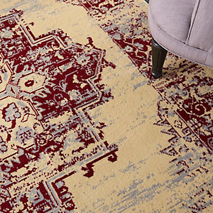 In intriguingly distressed shades of red and cream, this Grafix area rug from Nourison will elevate the elegance quotient of any room. Each rug is brilliantly bordered in traditional Persian rug style, and masterfully power-loomed for a lavish feel, long wear, and low maintenance.Serged Edges | Easy-care fibers | Cut pile | Machine made | Power-loomed | Low shedding | Recommended for areas with moderate foot traffic | Indoor only | 100% Polypropylene | Imported | Backing: latex | Rug pad recommended | Vacuum regularly, clean spills immediately by blotting with a clean sponge or cloth. Professional cleaning recommended.
