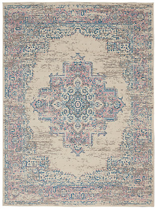 In soothing shades of pink and ivory with subtle blue accents, this brilliantly-bordered, central medallion grafix area rug from nourison will elevate the elegance quotient of any room. Masterfully power loomed from a silky and ultra-hardy polypropylene for a lavish feel, long wear, and low maintenance.Serged edges | Easy-care fibers | Cut pile | Machine made | Power-loomed | Low shedding | Recommended for areas with moderate foot traffic | Indoor only | 100% polypropylene | Imported